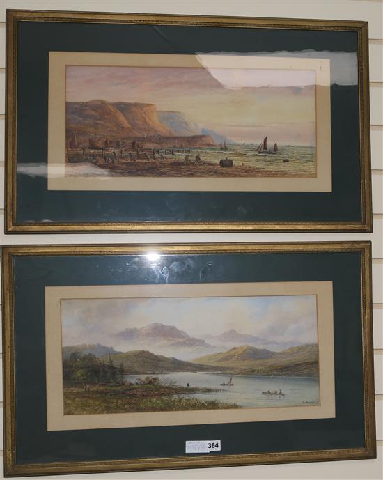 E* Lewis (19th century), watercolour, mountainous coastal landscape with fishing boats and companion piece,
